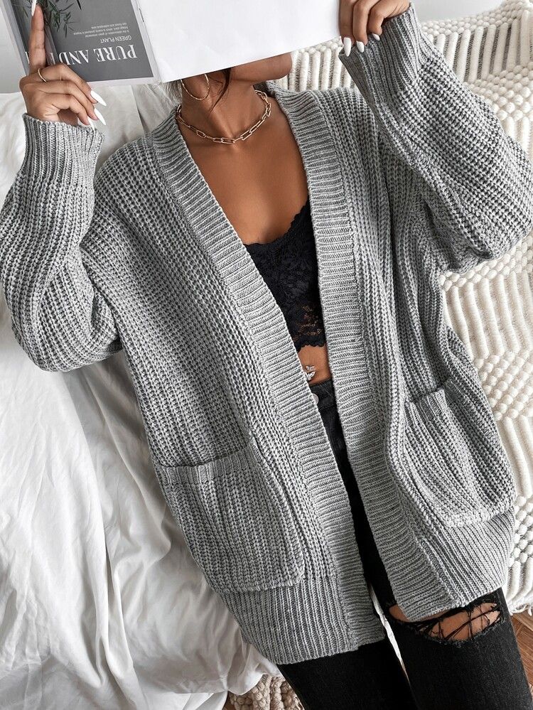 Solid Dual Pocket Ribbed Knit Cardigan | SHEIN