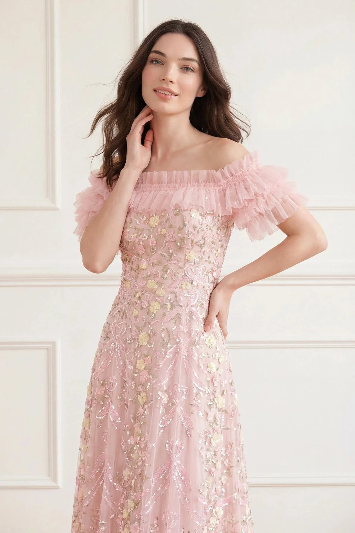 Ribbon Heart Off-Shoulder Ankle Gown | Needle & Thread