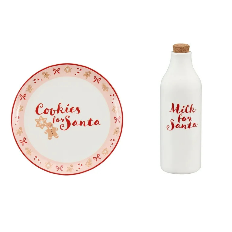 Holiday Time Multicolor Round Glazed Earthenware Ceramic Santa Cookie Plate with Corked Milk Bott... | Walmart (US)