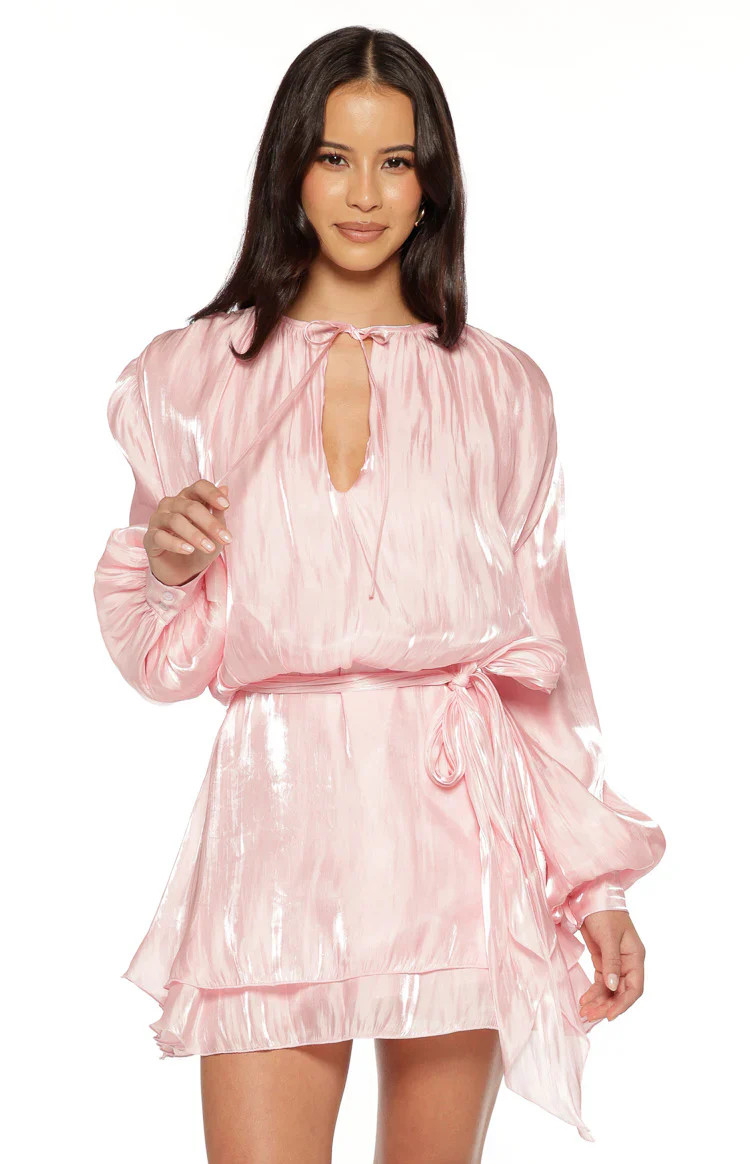 Quinton Pink Satin Long Sleeve Tie Mini Dress | Beginning Boutique | Beginning Boutique (US)