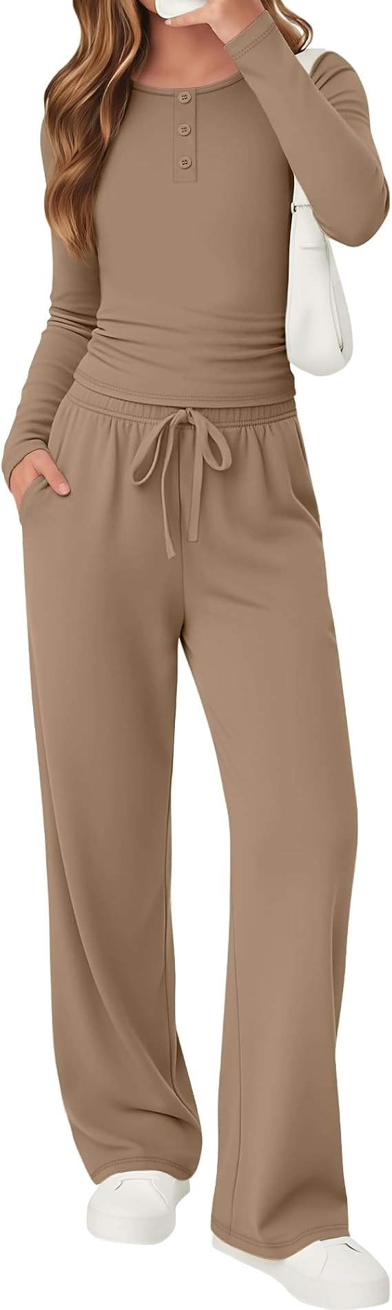 Girls 2 Piece Outfits Matching Sets Long Sleeve Ruched Knit Henley Neck Fitted Tops Straight Leg ... | Amazon (US)