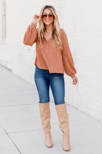 Somebody To Love Camel Hooded Waffle Henley Long Sleeve Top | Pink Lily
