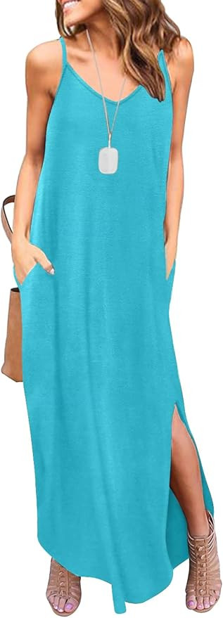 HUSKARY Women's Summer Casual Sleeveless V Neck Strappy Split Loose Dress Beach Cover Up Long Cam... | Amazon (US)