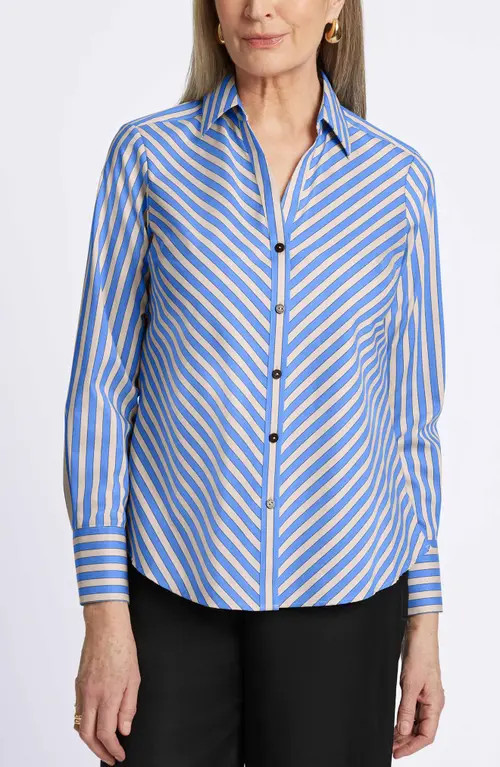 Foxcroft Mary Stripe Stretch Button-Up Shirt in Cobalt Blue/Neutral at Nordstrom, Size 14 | Nordstrom