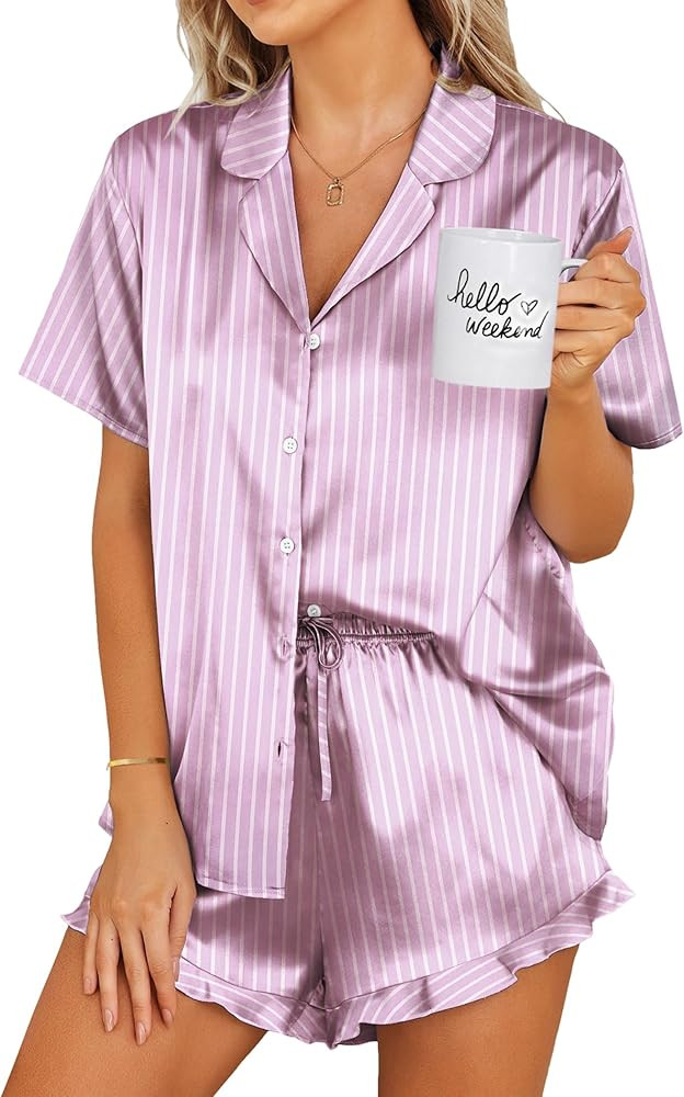 Ekouaer Womens Satin Pajamas Set Button Down 2 Piece Silk Pjs Shorts Set Ruffle Lingerie Notch Co... | Amazon (US)