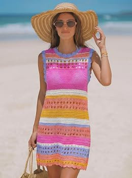 popvil Women\u2019s Swimsuit Crochet Cover Up Sleeveless Color Block Knit Bathing Suit Swimwear w... | Amazon (US)