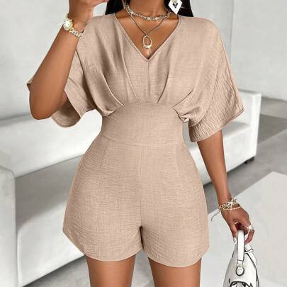 Women's Solid-Color V-Neck Batwing Short Sleeve Pleated Casual Romper Jumpsuit, Summer | SHEIN