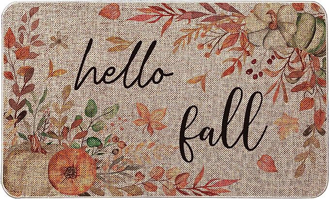 RIVONE Hello Fall Decorative Doormat 17" x 29" Seasonal Fall Pumpkin Leaves Floor Rug Non-Slip Lo... | Amazon (US)