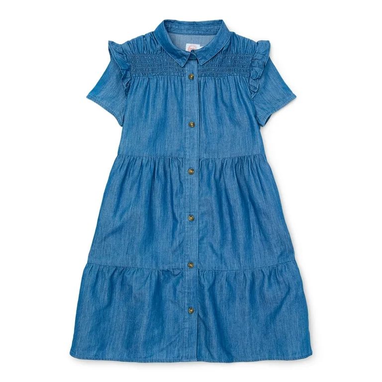 Wonder Nation Girls Denim Ruffle Shirt Dress with Short Sleeves, Sizes 4-18 & Plus | Walmart (US)