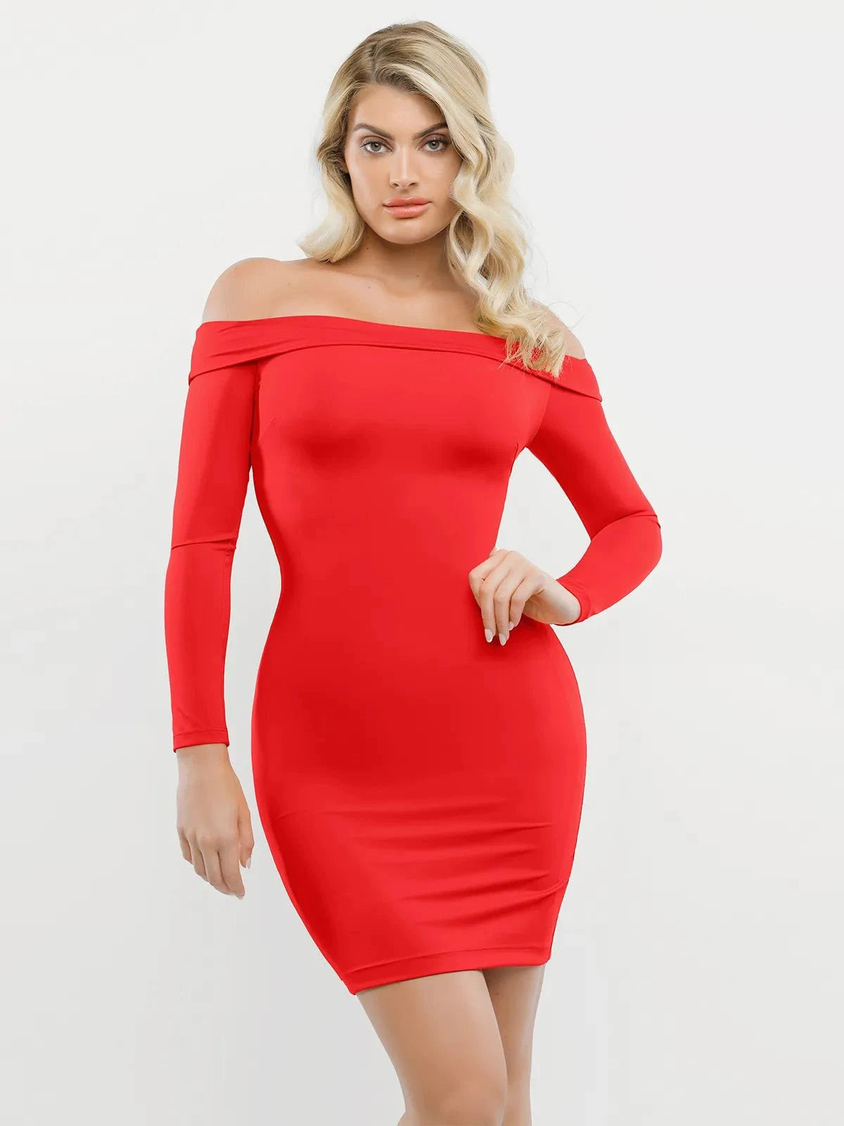 Shapewear Long Sleeve Off-the-Shoulder Bodycon Mini Dress - Red / S | Popilush