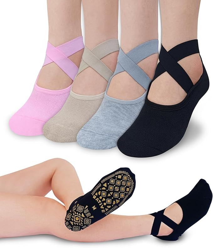RATIVE X-Cross Straps Anti Slip Non Skid Barre Yoga Pilates Hospital Socks with grips for Mens Wo... | Amazon (US)