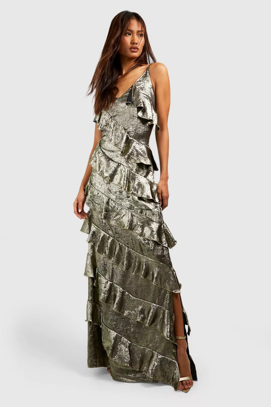 Tal Metallic Ruffle Detail Maxi Dress | Boohoo.com (UK & IE)