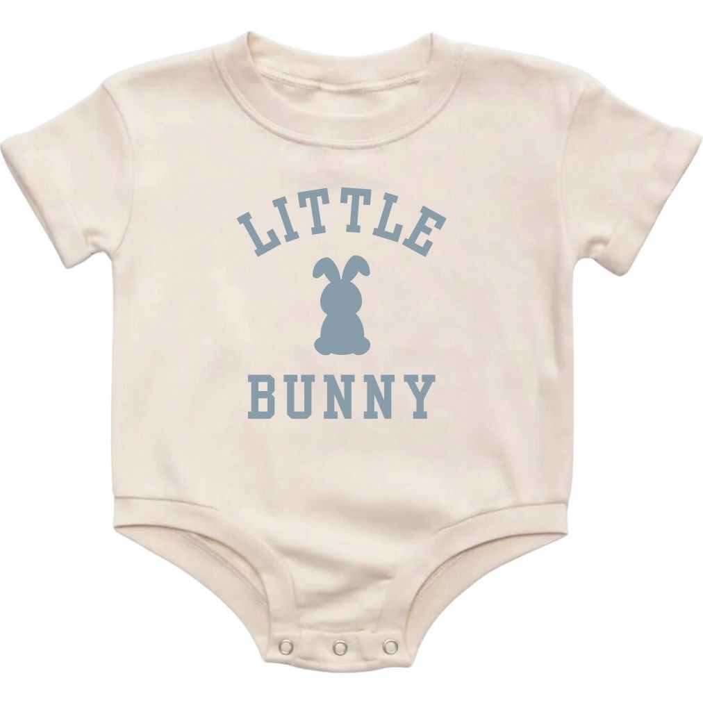Little Bunny Steel Blue Easter Short Sleeve Romper, Natural | Maisonette