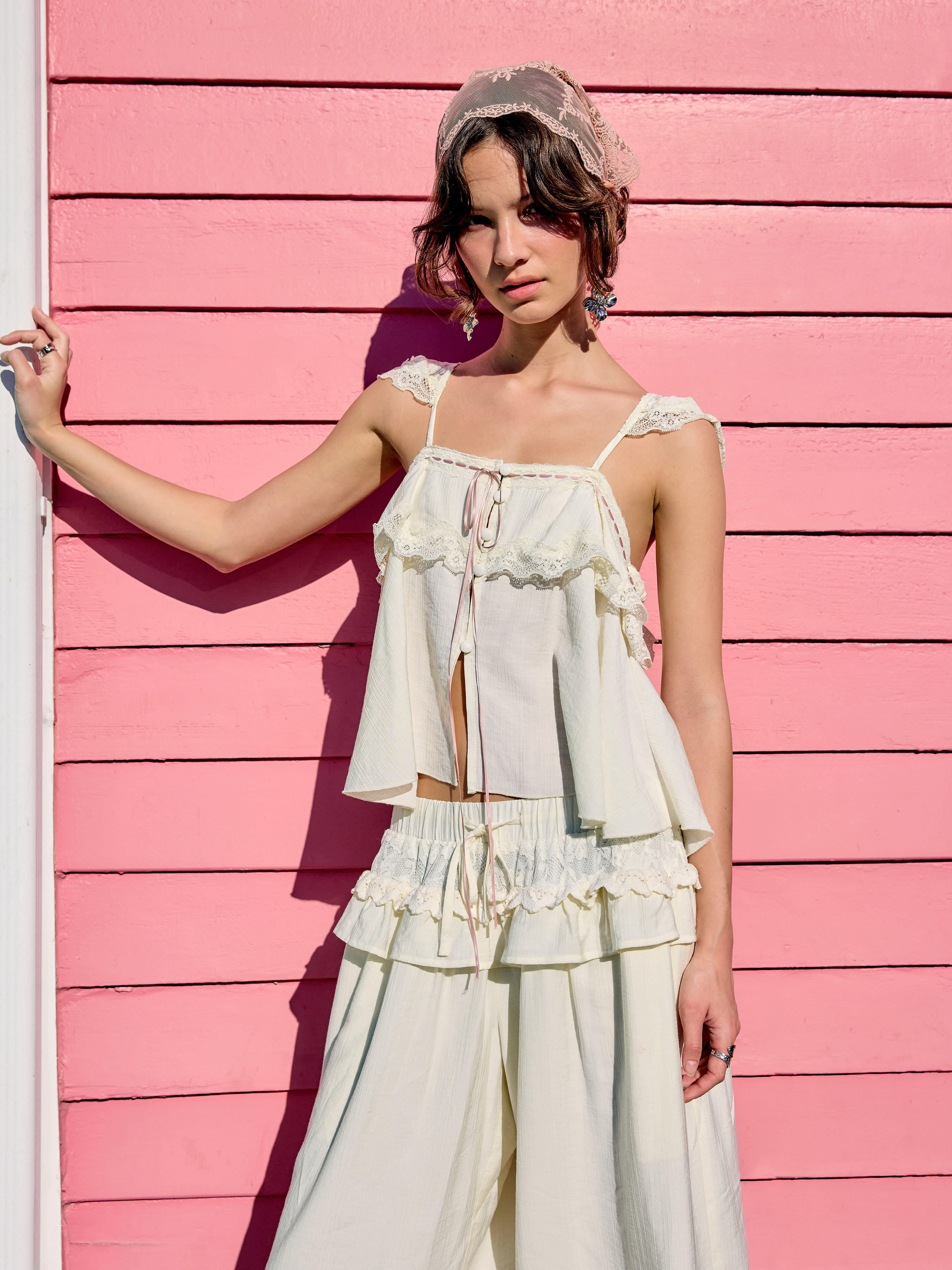 Woven Square Neck Lace Trim Knotted Ruffled Sleeve Blouse For Daily Casual Date | Cider