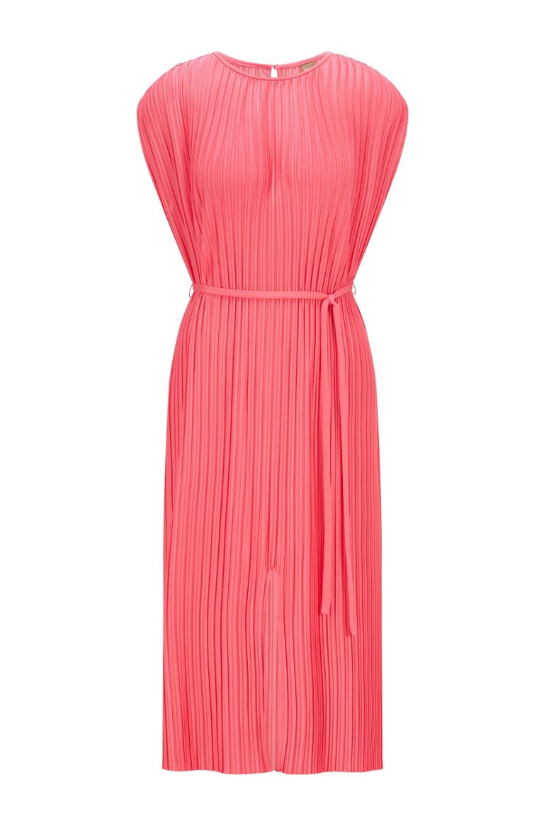 Plissé dress with belted waist and branded button | Hugo Boss (US)