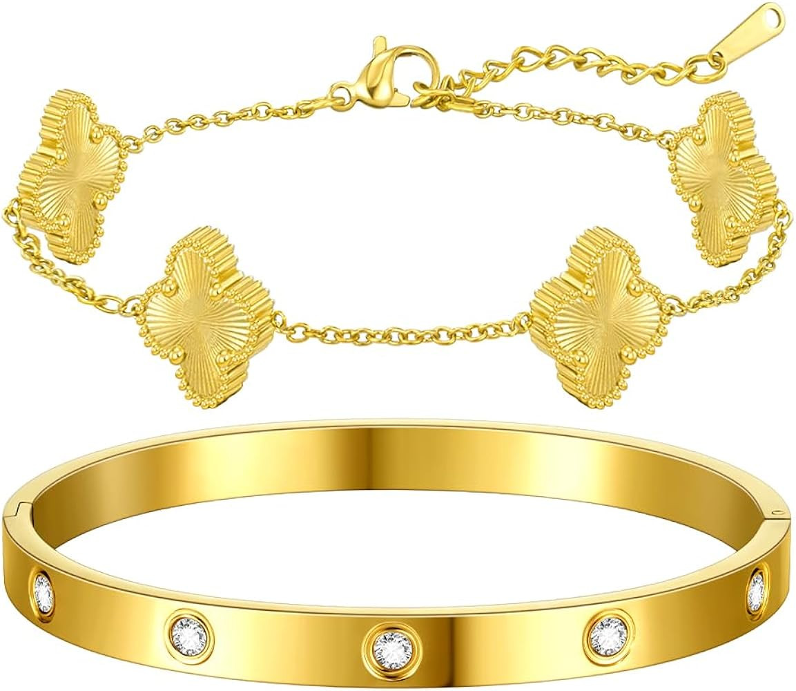 Gold Bracelets for Women - 14K Gold Plated Clover Bracelet Lover Bangle Stack Adjustable Luck Cub... | Amazon (US)