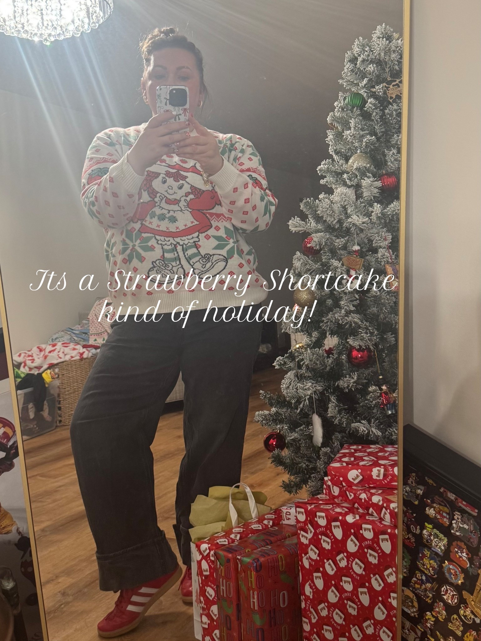 Wearing a holiday sweater everyday until Christmas has me so happy! 🍓These stovepipe jeans from American Eagle have quickly become my go to jeans and my red Samba’s are 🔥! 

#LTKHoliday #LTKMidsize #LTKootd