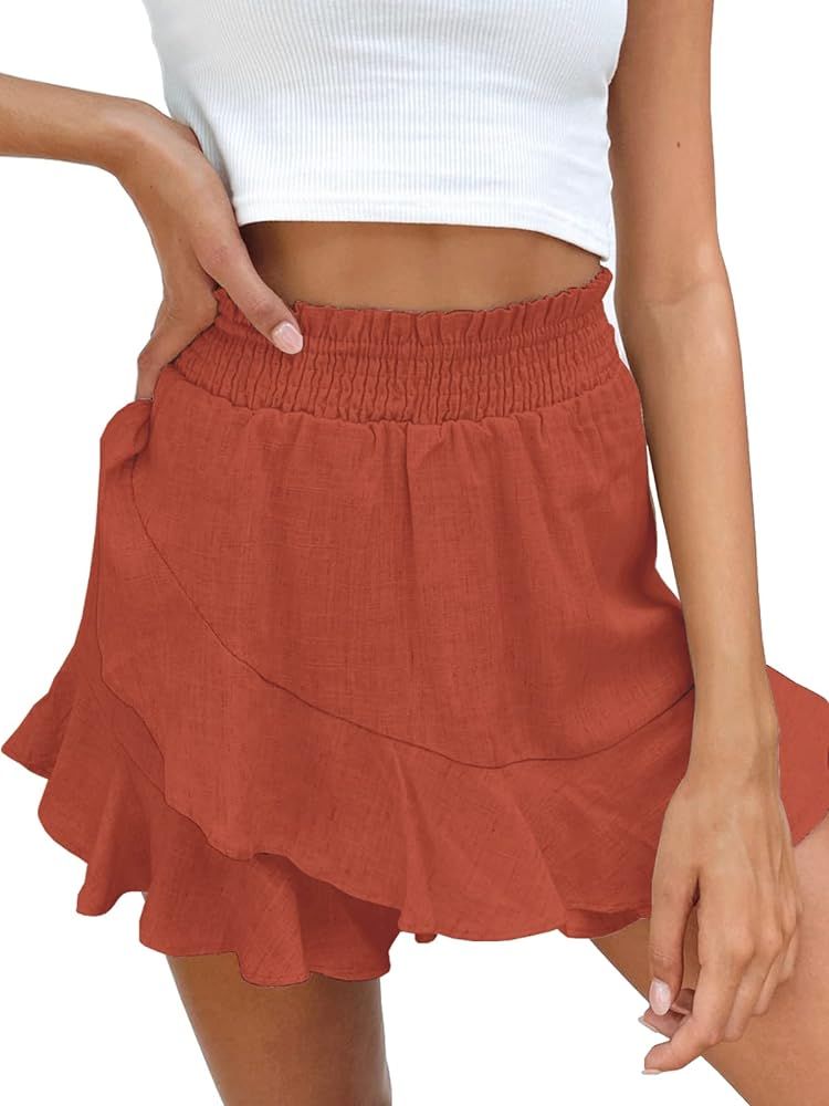 BNOOUIL Women's High Waisted Summer Casual Comfy Flowy Beach Linen Cotton Wrap Mini Skirt Skort | Amazon (US)