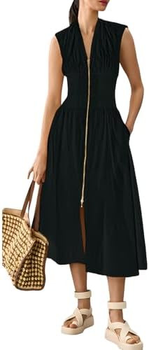 Womens Dress Deep V Neck Zip Up Cap Sleeve Smocked Elastic Waist Split Summer Casual Midi Dress w... | Amazon (US)