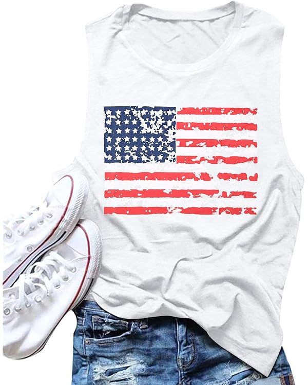 FAYALEQ American Flag Print Tank Tops Women USA Stars Stripes Patriotic T Shirt Summer Loose Vest... | Amazon (US)