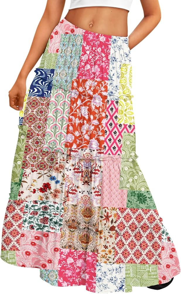 Trendy Queen Vacation Outfits Long Skirts for Women Boho Maxi Skirt Elastic High Waist Dress with... | Amazon (US)