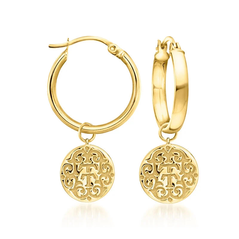 18kt Gold Over Sterling "T and T Twin Talk" Logo Hoop Charm Earrings | Ross-Simons
