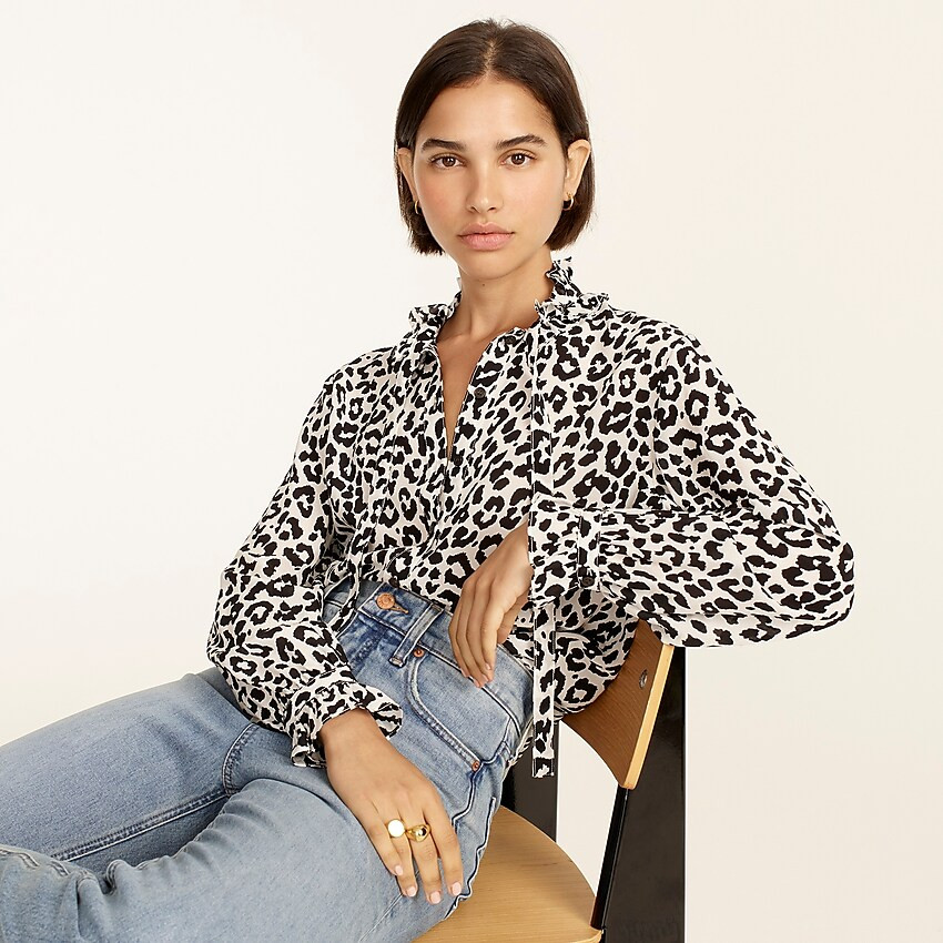 Classic-fit ruffleneck popover shirt in bold leopard silk | J. Crew US