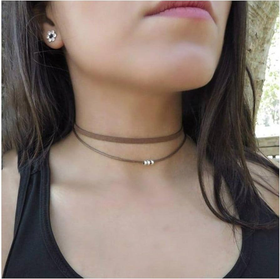 Allereyae Boho Layered Suede Necklace Brown Velvet Choker Necklace Gothic Leather Necklace Silver... | Amazon (US)
