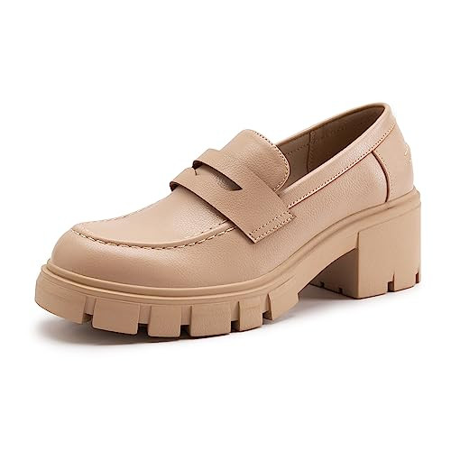 Athlefit Women's Platform Chunky Loafers Lug Sole Slip on Penny Loafers for Women Dressy Business Apricot Loafer Shoes Size 11 | Amazon (US)