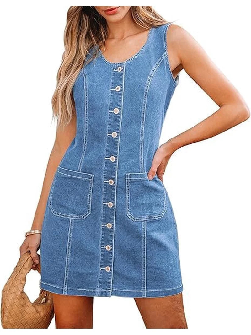 Denim Dresses for Women Sleeveless Stretchy Casual Jean Dress V Neck Summer Western Short Button ... | Walmart (US)