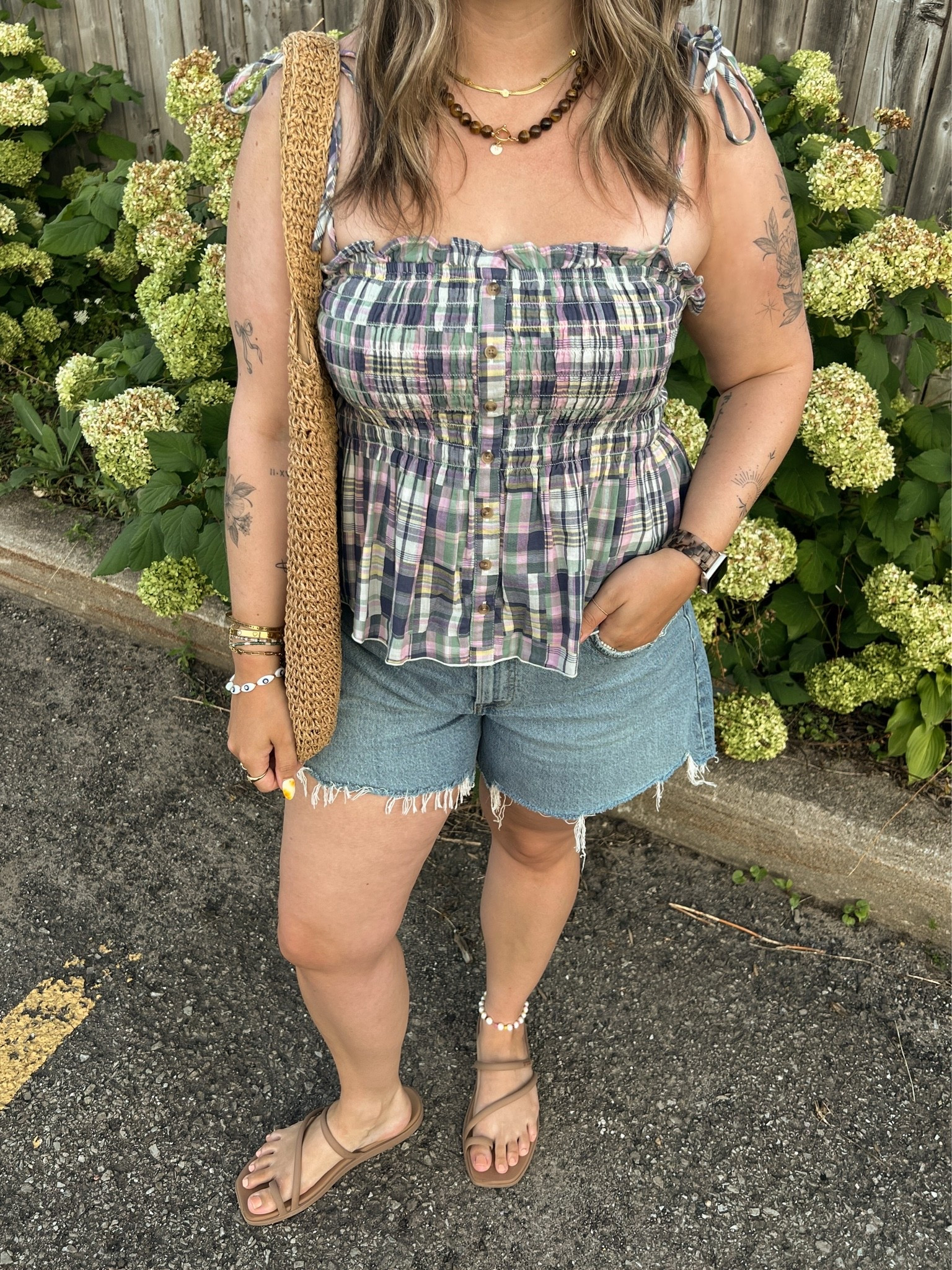 Simple summer outfit! Wearing L in the plaid tank top. Sized up to 32 in the denim shorts for a loose fit. I’m a 9.5-10 shoe and wear a 10 in the crocs sandals, Canadian crocs link under “similar products”

#LTKsummer #LTKsale #LTKmidsize