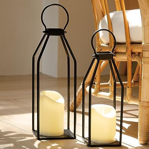 Perfnique Modern Farmhouse Lantern Decor, 15'' 13'' Set of 2 Black Metal Lantern, 2 LED 6hr Timer... | Amazon (US)