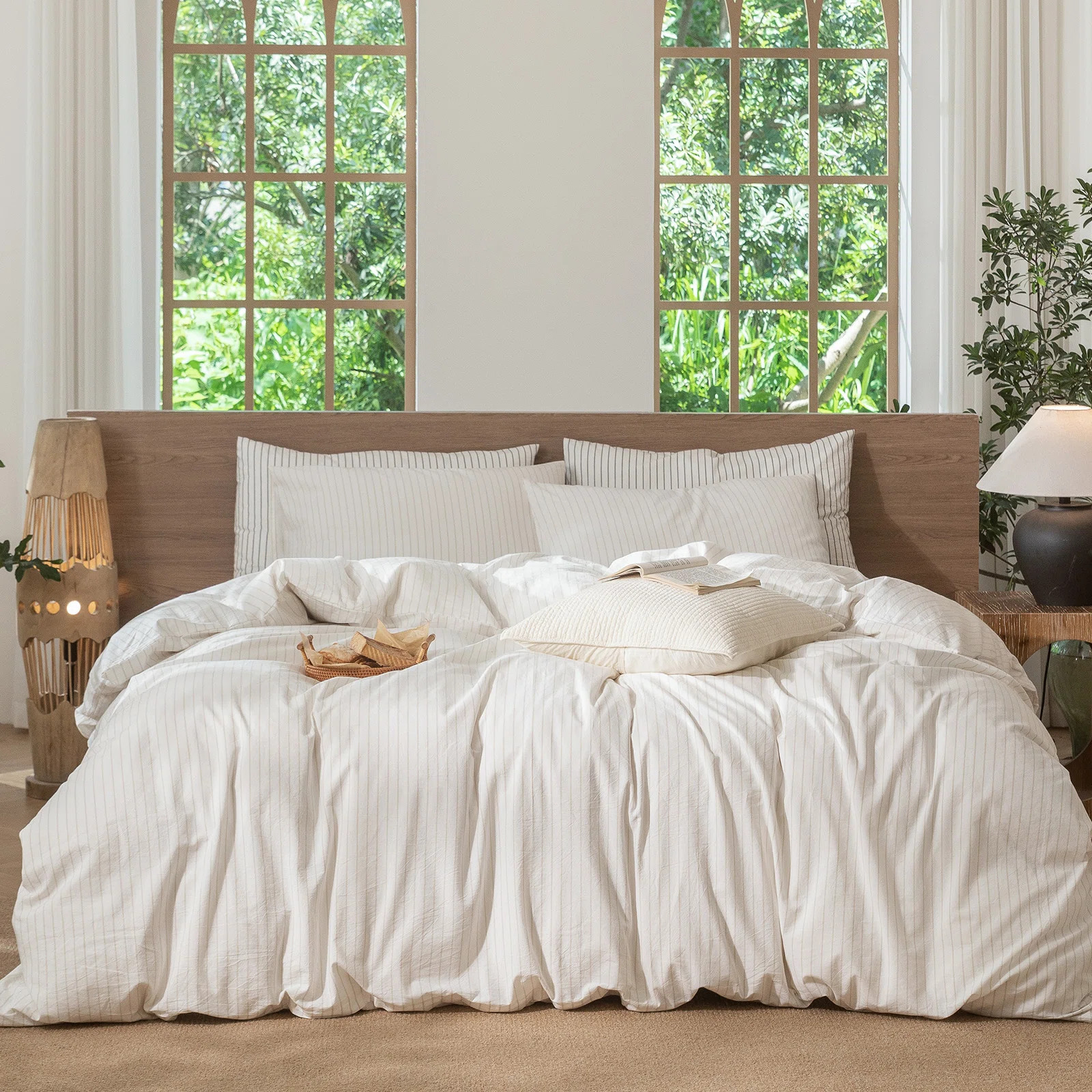 MooMee Striped Duvet Cover Set 100% Washed Cotton Linen Like Textured | Wayfair North America