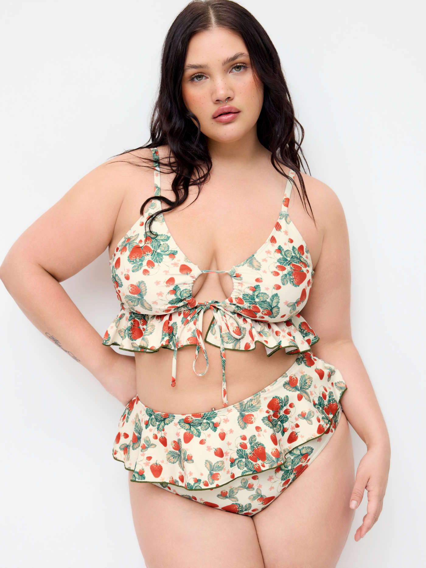 plus size swimwear Jersey Shaping V-neck Strawberry Graphic Bracelet Full Coverage Bikini Swimsui... | Cider