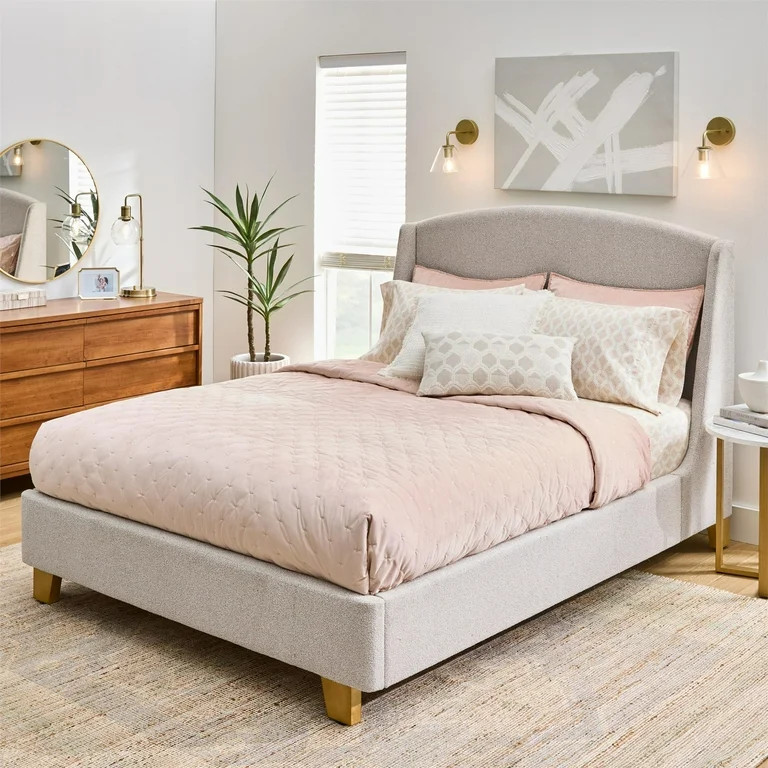 Better Homes & Gardens Windsor Platform Bed with Wingback Headboard, Queen, Wheat Boucle | Walmart (US)