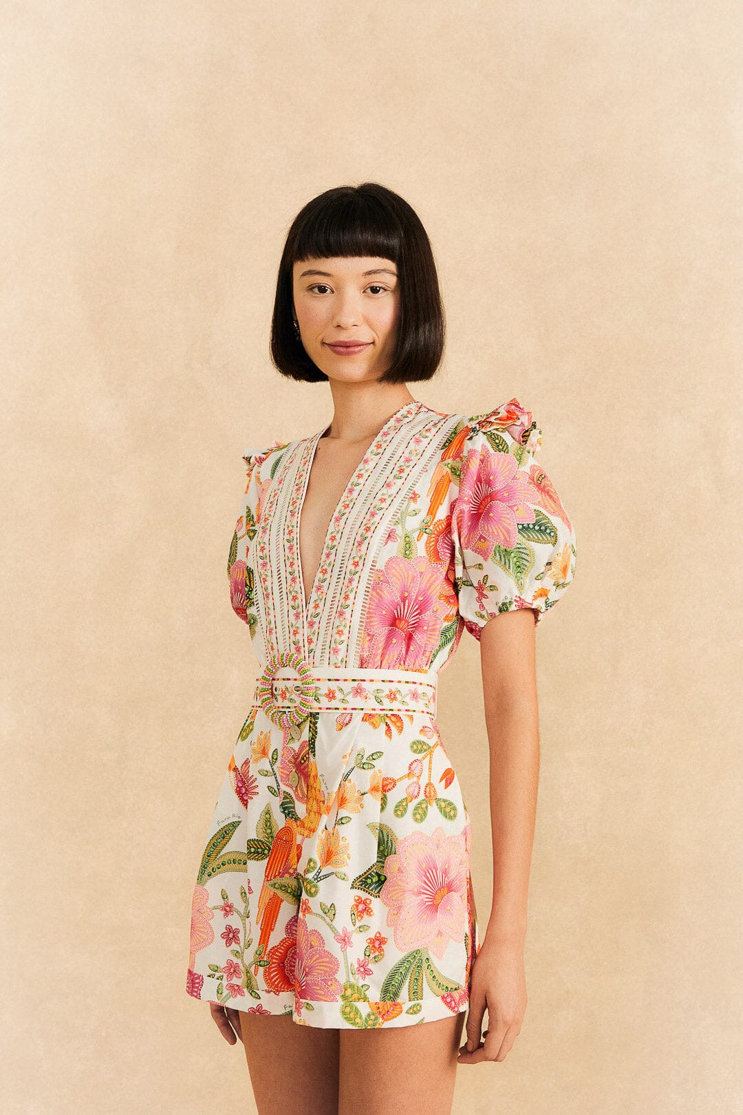 Off-White Macaw Bloom Organic Cotton Romper | FarmRio (US)