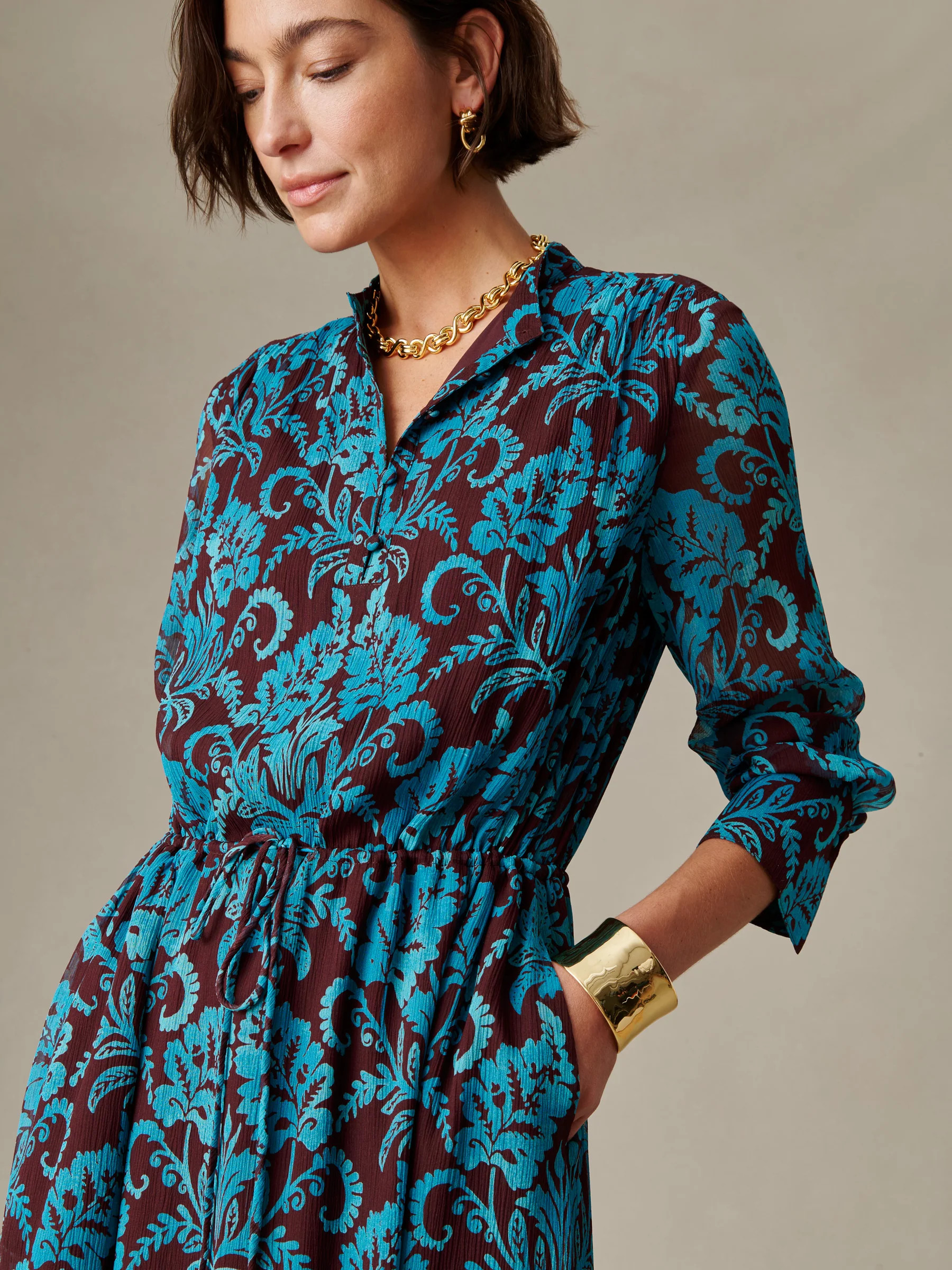Dk_Brown/Aqua Windsor Vine Hannah Silk Chiffon Dress | Women's Dresses | J.McLaughlin | J.McLaughlin