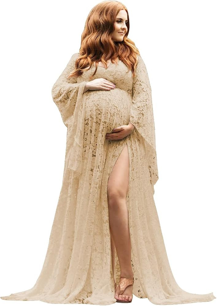 V Neck Lace Maternity Dresses Long Sleeve Boho Maternity Gowns with Split Photography Dress | Amazon (US)