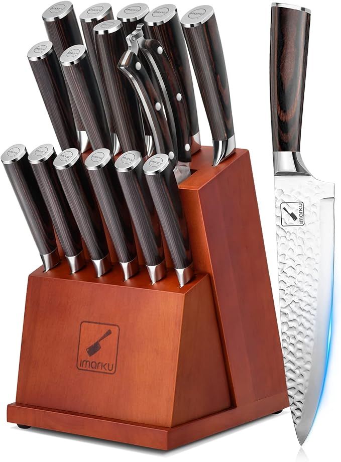 Japanese Knife Set, imarku 16-Pieces Hammered Kitchen Knife Set with Block, German HC Stainless Stee | Amazon (US)
