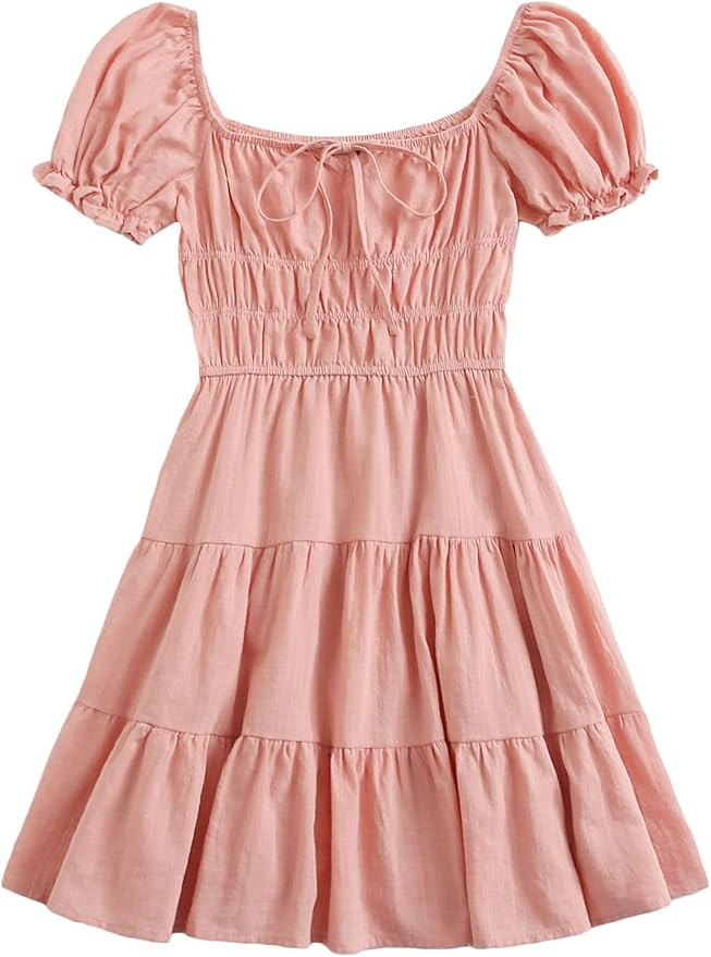 SheIn Women's Short Puff Sleeve Ruched Mini A Line Dress Ruffle Tie Front Square Neck Short Dress... | Amazon (US)