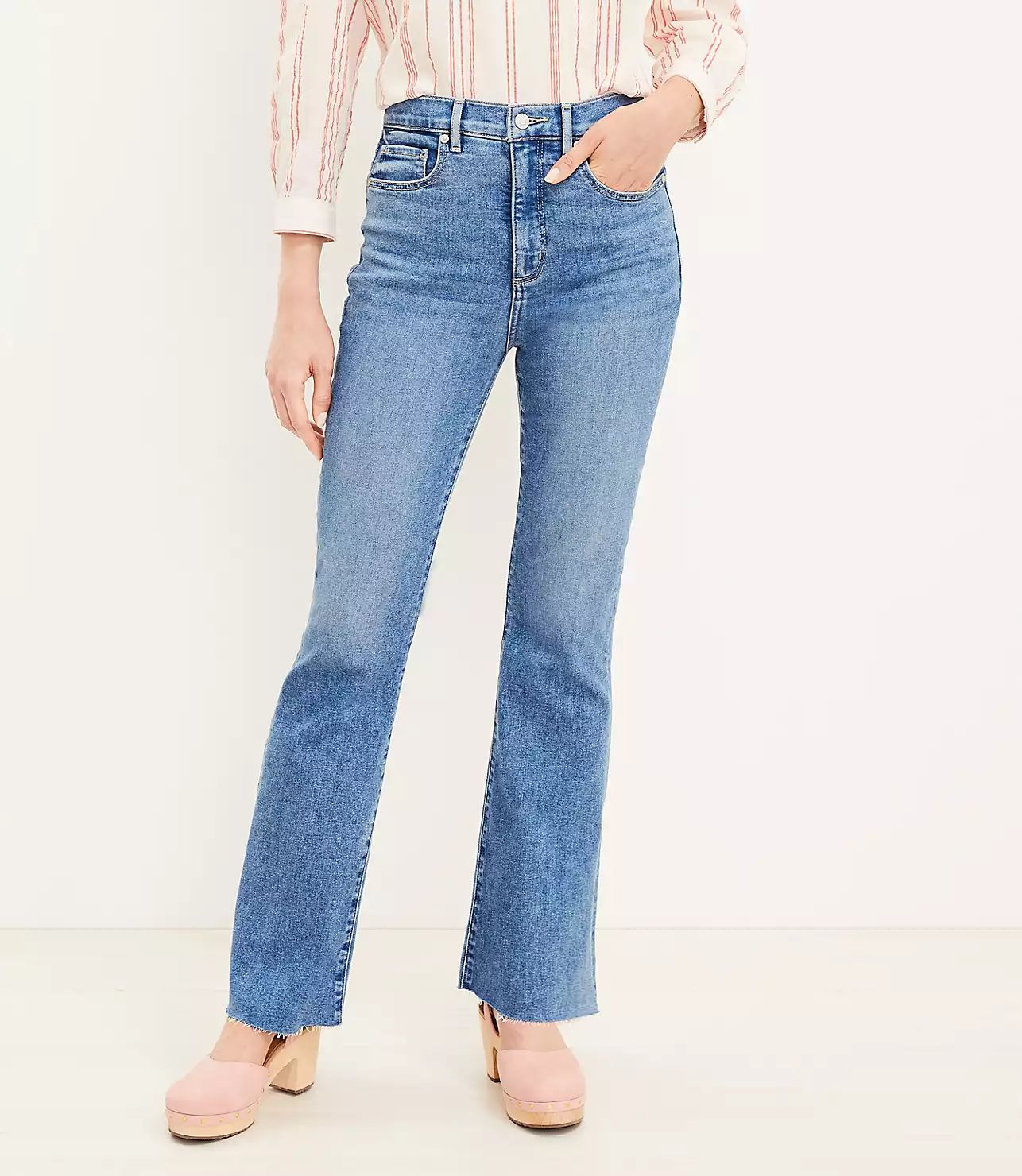 Petite High Rise Slim Flare Jeans in Rich Mid Indigo Wash | LOFT