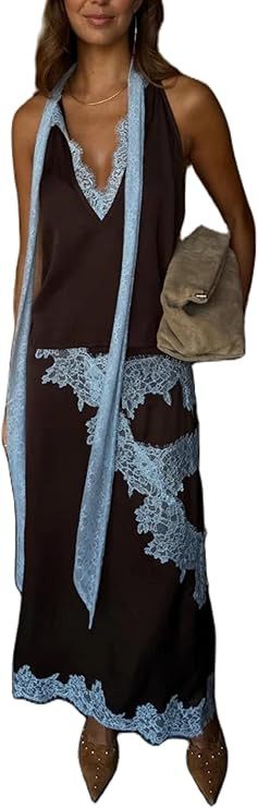 Women Satin Skirt Set Lace Trim Mock Neck Backless Tops Asymmetry Hem Maxi Skirt Y2k Silky Going ... | Amazon (US)