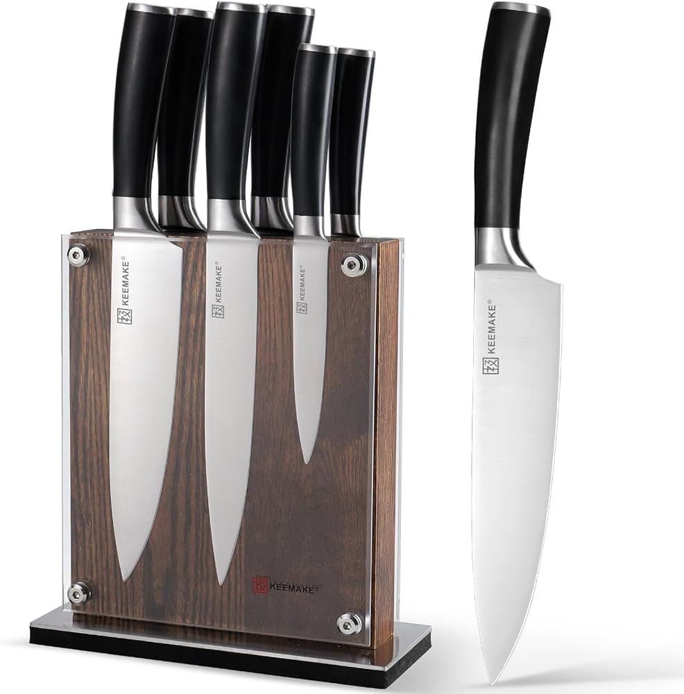 KEEMAKE Knife Block Set - 7Pcs Kitchen Knives with Magnetic Knife Block Holder, High Carbon Stain... | Amazon (US)