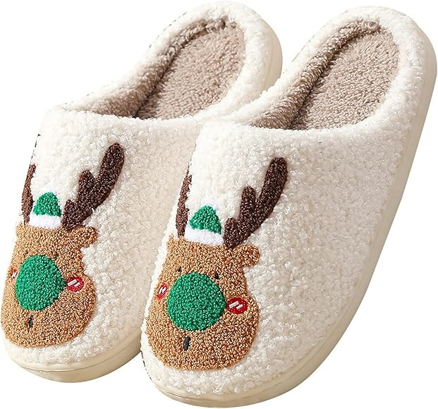 Qubuwalk Cute Cartoon Christmas Slippers Santa Reindeer Slippers Soft Plush Fuzzy Slippers Warm C... | Amazon (US)