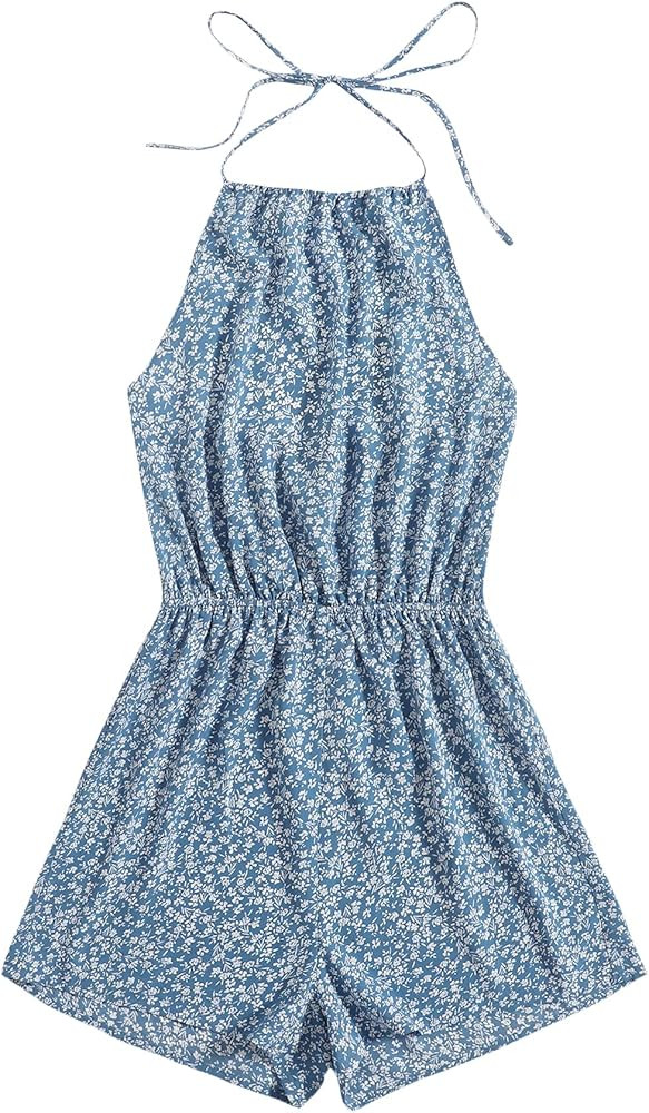 SheIn Women's Sleeveless Floral Print Halter Neck Backless Short Romper Jumpsuit | Amazon (US)