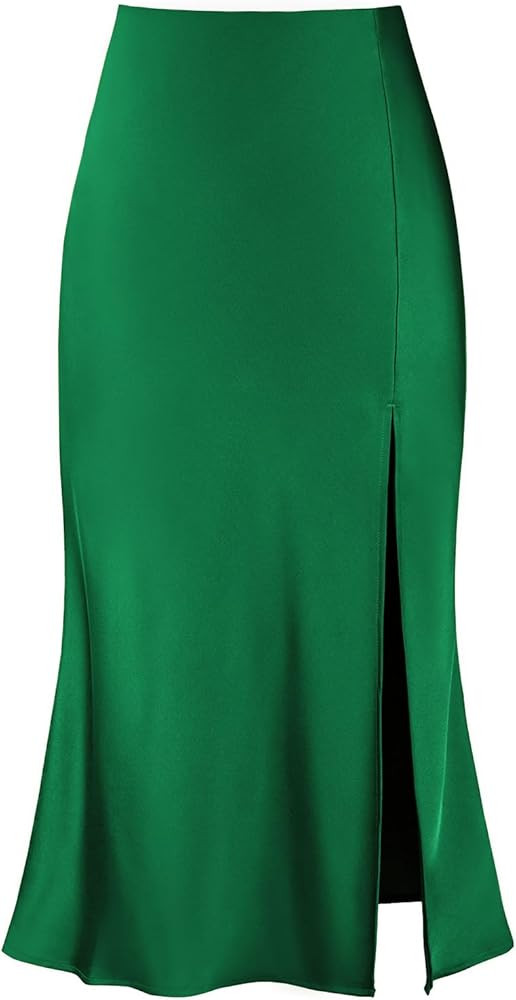 Women's Sexy Satin Side Split Thigh High Waisted Casual A Line Midi Skirt | Amazon (US)