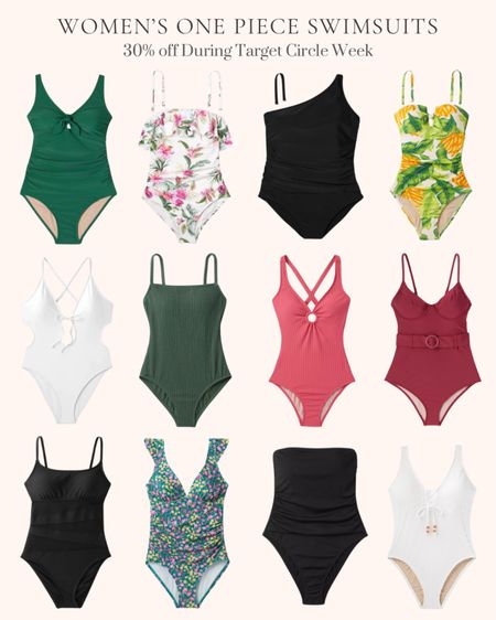 Women’s one piece swimsuits at Target. 30% off swim during Target Circle week. Pool season. Underwire belted one piece swimsuit. Crochet lace up. Pique bandeau full coverage. Pucker texture square neck. Bandeau flounce front ruched full coverage. Tie front plunge. Tummy control one shoulder. Shirred ribbed bandeau cheeky. Wide ribbed center ring medium coverage. Tie front ruched full coverage. Ruffle shoulder ruched full coverage. Mesh front  

#LTKfindsunder50 #LTKSeasonal #LTKxTarget