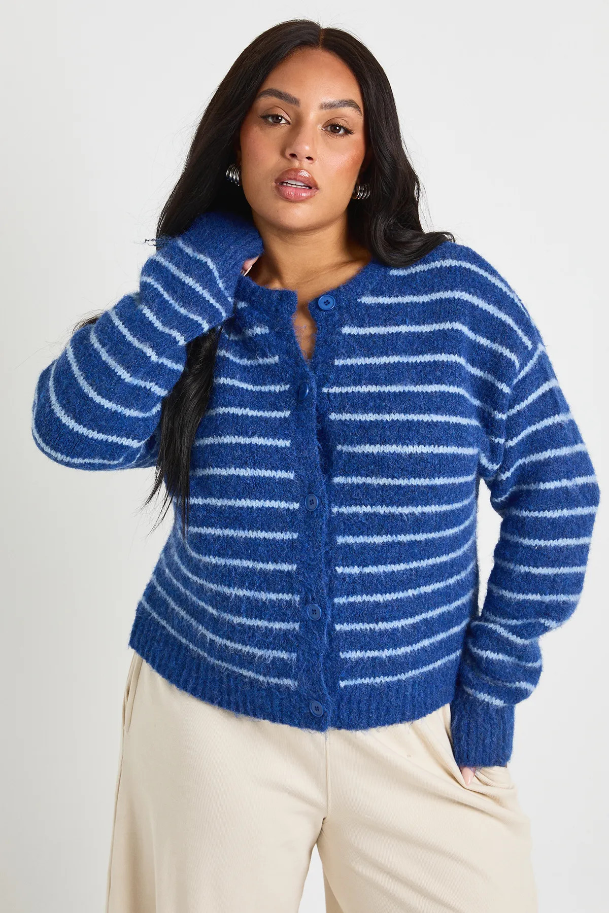 Navy Plus Button Down Stripe Cardigan | Boohoo USA | boohoo (US & Canada)