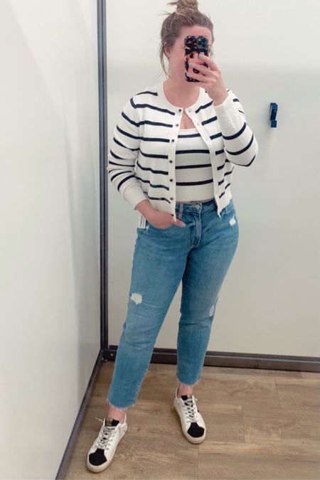 This stripe cardigan set + high waisted straight leg jeans are killer. Take your true size in everything. 

And enjoy that extra 40% off!

#LTKstyletip #LTKsalealert #LTKunder50