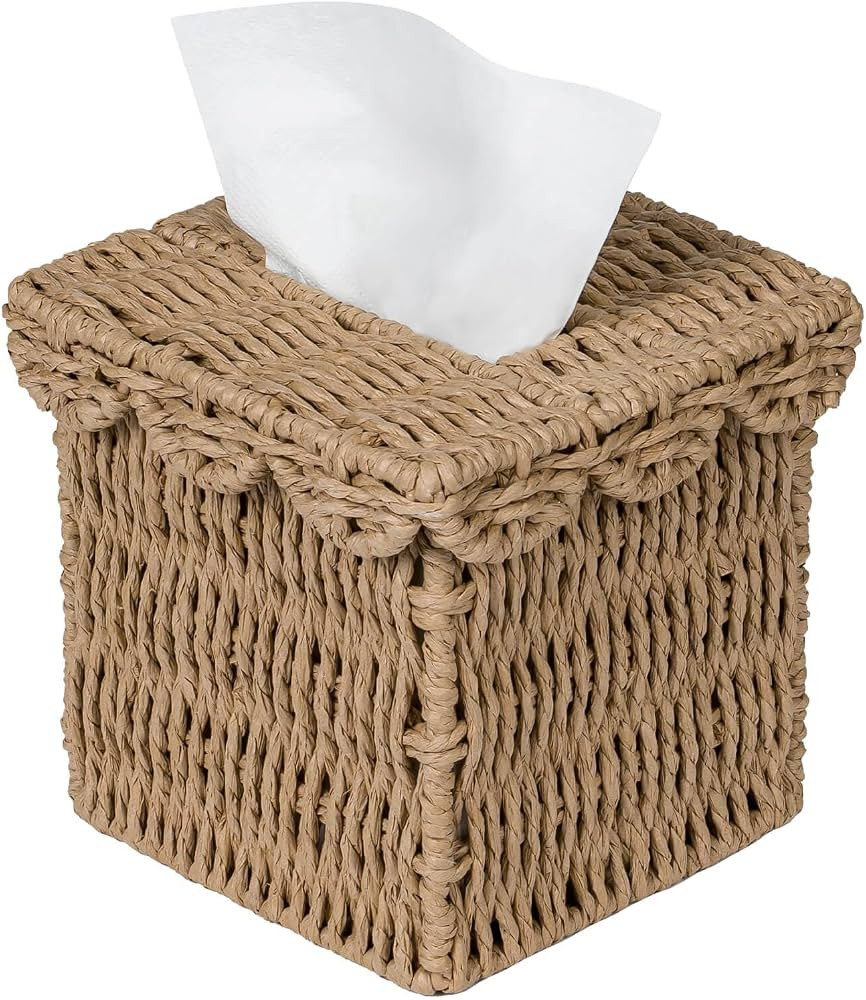 CubesLand Square Wicker Tissue Box Cover W/Scalloped Lid for Home Decor | Amazon (US)